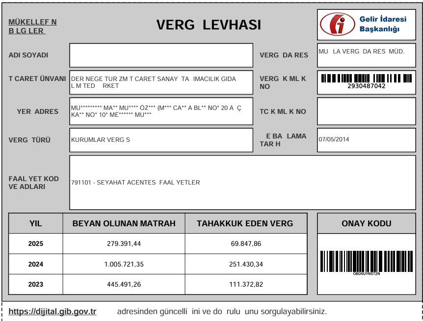 Gelir İdaresi Başkanlığı Vergi Levhası